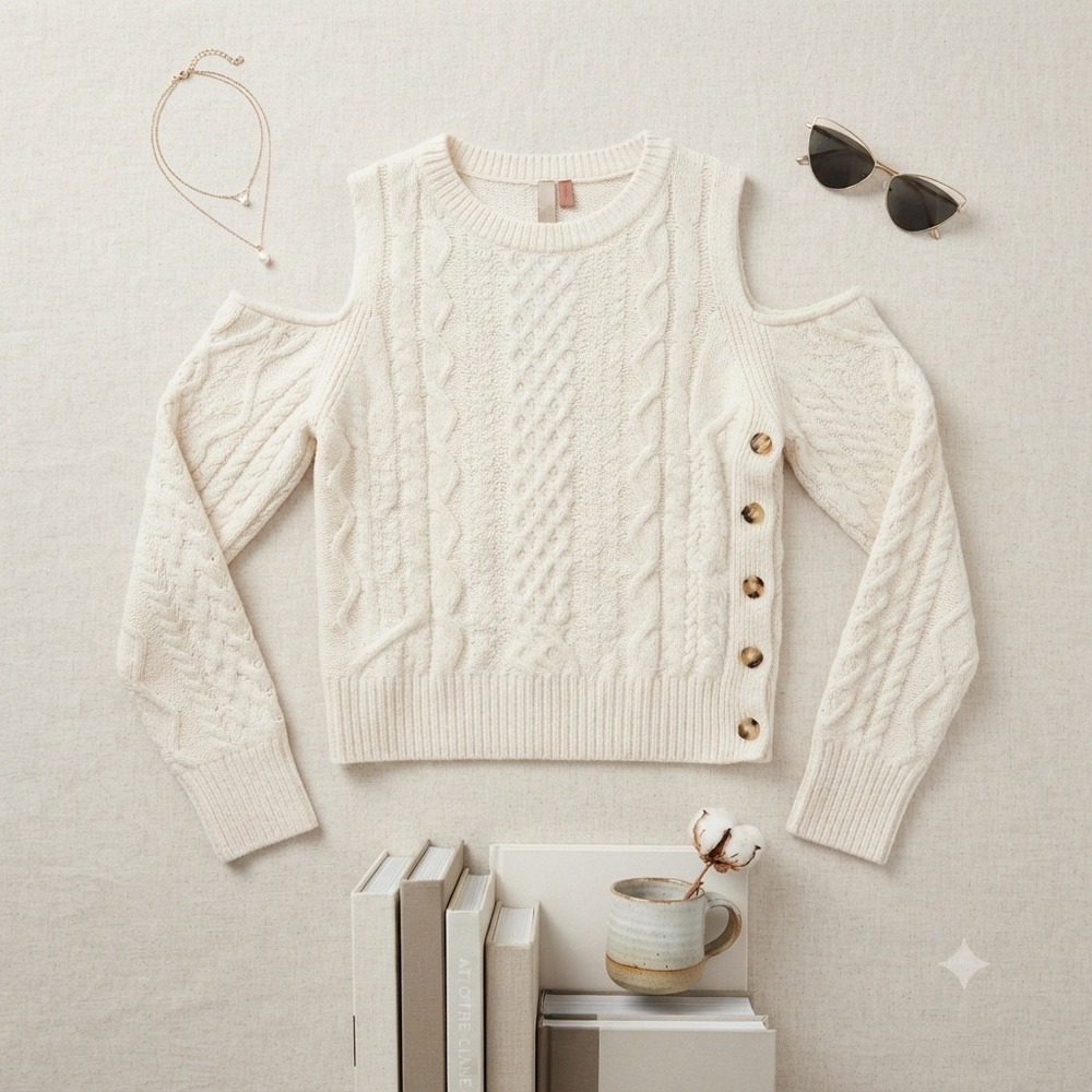 Pilcro Cold Shoulder Sweater Womens Small Cream Fisherman Cable Knit Button Side